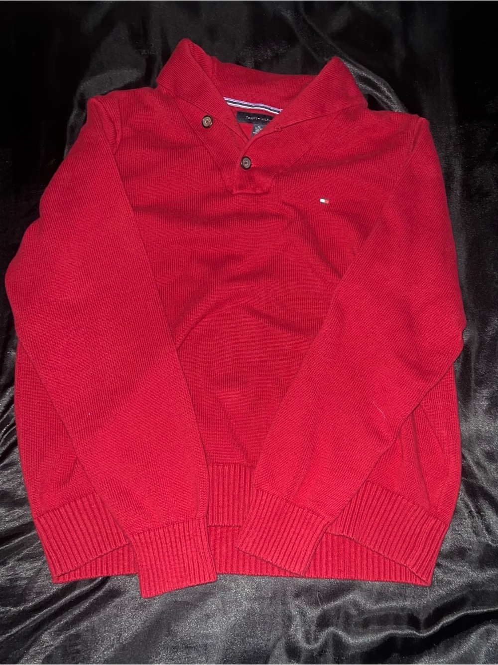 Tommy Hilfiger Men’s Red V-Neck Button Shawl Collar Sweater